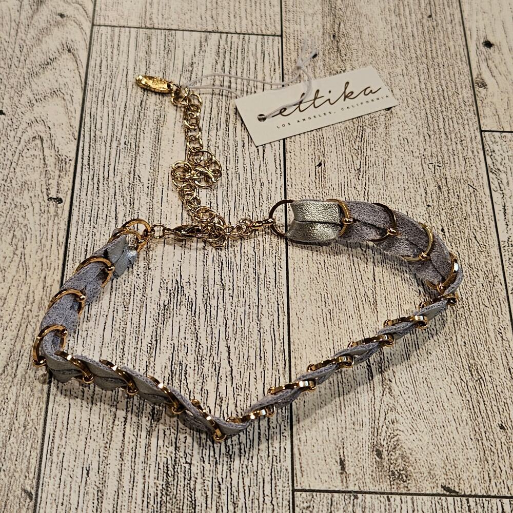 Ettika Silver Leather Gold Hardware Choker Boho Festival‎ Summer Metallic NWT